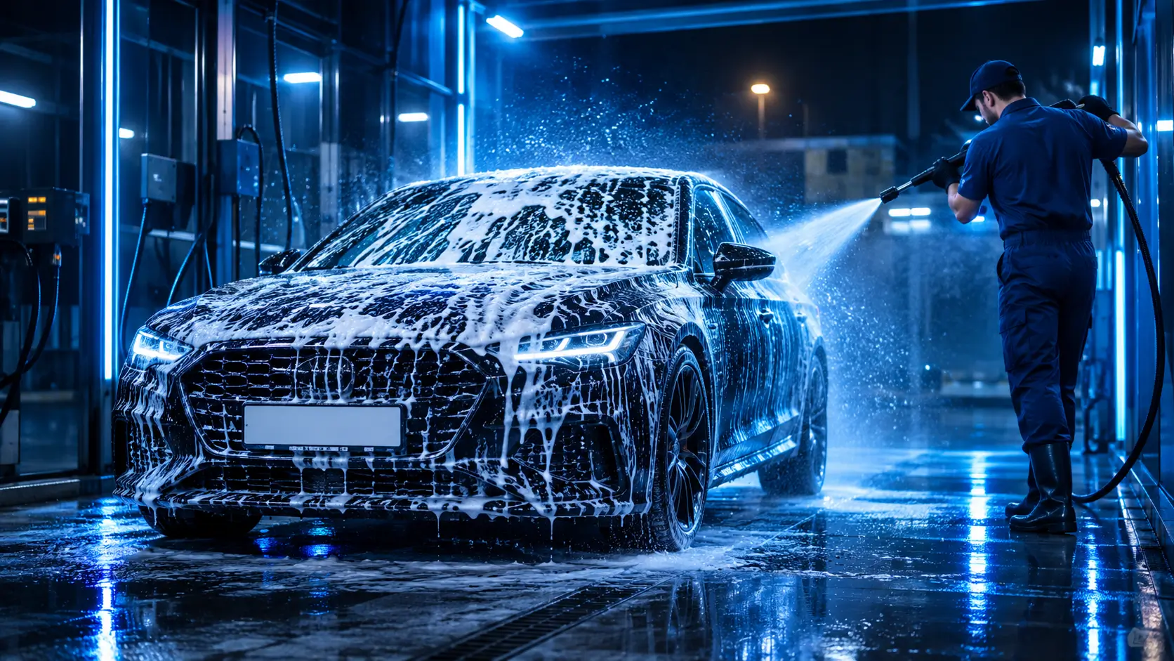 کارواش مدرن با خودروی در حال شست‌وشو، کف و نور ملایم و تبلت نمایش‌دهنده نوبت‌دهی آنلاین