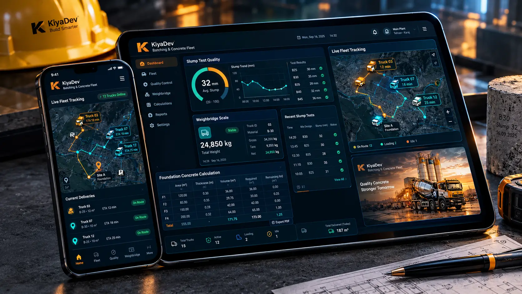 اپلیکیشن موبایل مدیریت ناوگان تراک میکسر و وب‌سایت محاسبه آنلاین حجم بتن ریزی فونداسیون و سقف