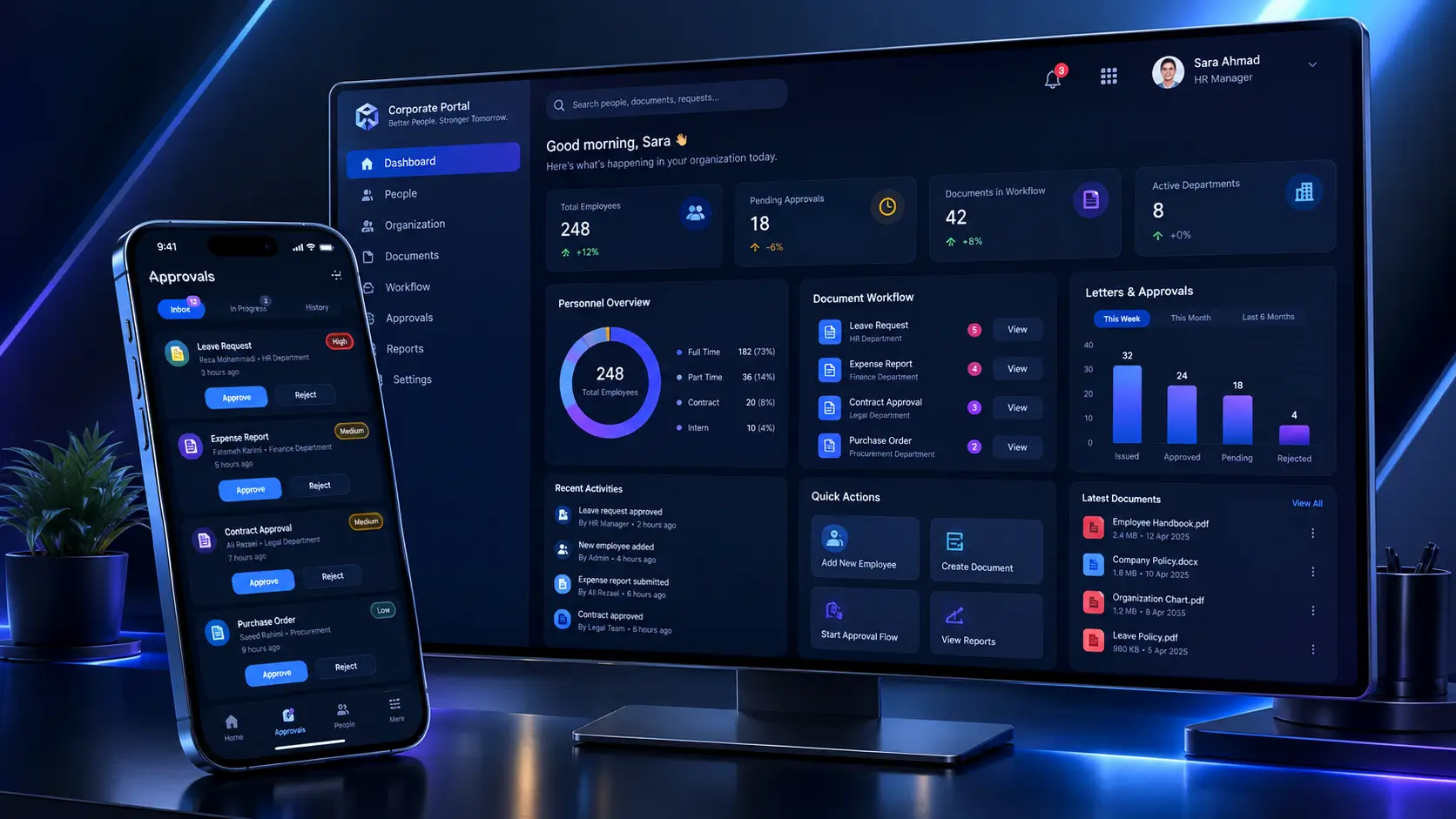 داشبورد نرم افزار شرکتی ابری و اپلیکیشن موبایل کارتابل اداری و مدیریت پرسنل