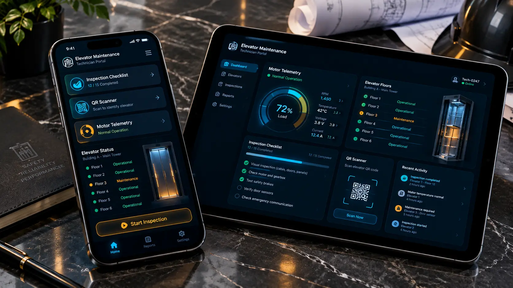 اپلیکیشن موبایل مدیریت تکنسین آسانسور و وب‌سایت محاسبه آنلاین پکیج و سرویس ماهانه