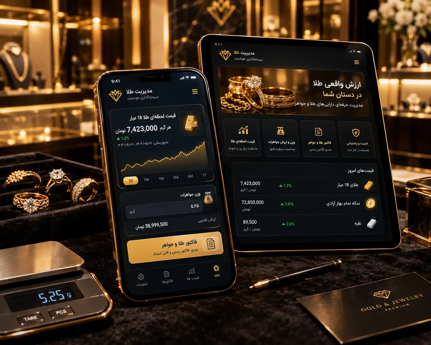 اپلیکیشن موبایل مدیریت انبار طلا و سایت فروش آنلاین طلا و جواهر