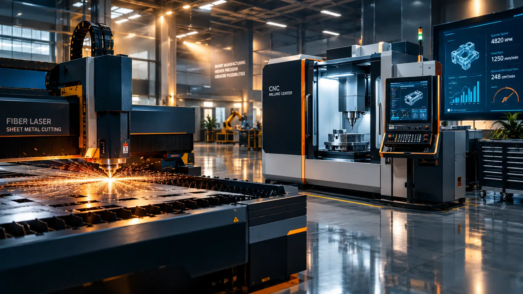 شوروم مدرن ماشین آلات صنعتی، دستگاه برش لیزر فایبر با جرقه‌های پرفشار و مرکز فرز CNC