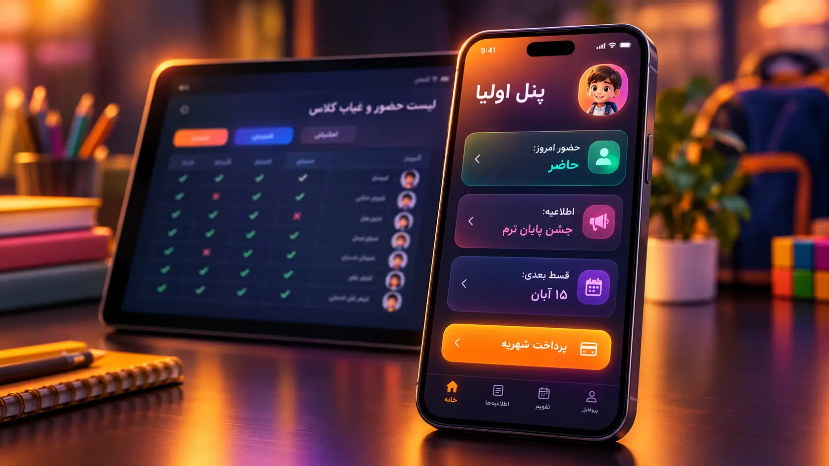 پنل موبایل اولیا با حضور و غیاب امروز فرزند، اطلاعیه مدرسه و دکمه پرداخت شهریه