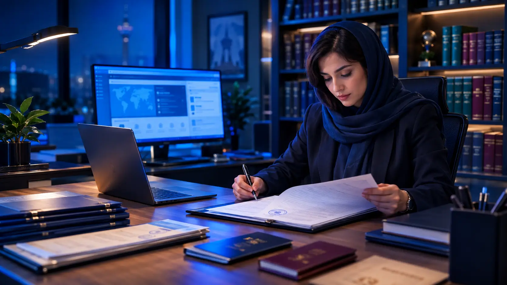 میز کار مدرن دفتر ترجمه رسمی با مترجم، اسناد و لپ‌تاپ نمایش‌دهنده سامانه سفارش آنلاین ترجمه