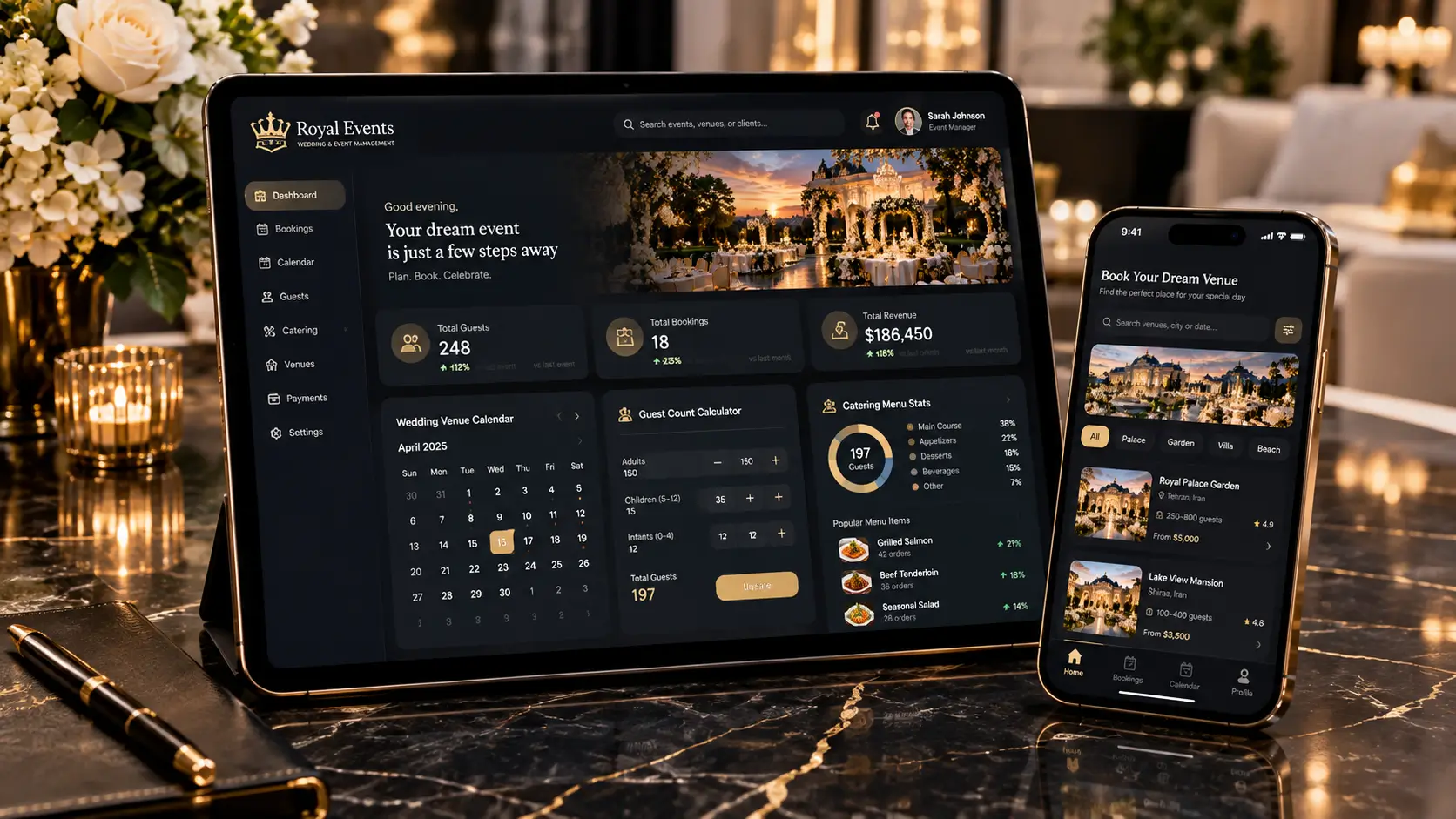 اپلیکیشن موبایل مدیریت ایونت و سایت رزرو باغ تالار و تشریفات مجالس